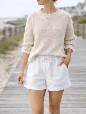 Linen Blend Pull-On Shorts White Drawstring 4” Coastal Summer Size Medium